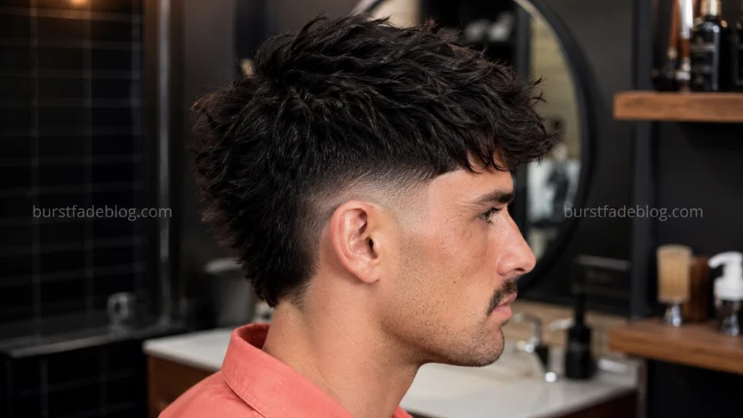 Messy Burst Fade Edgar haircut with textured top, clean burst fade around the ears, and natural rugged styling in a modern barbershop.
