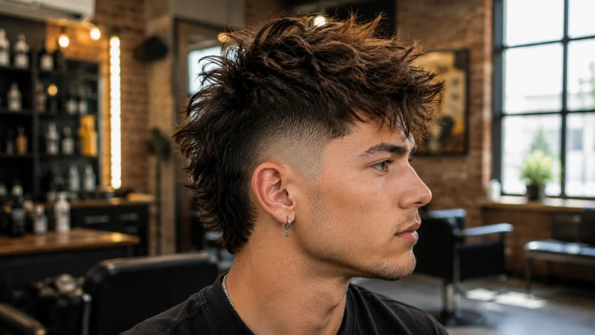 **Alt Text:**
Messy Burst Fade Faux Hawk haircut with tousled textured layers, natural movement, and clean burst fade styling in a trendy loft-style barber studio.
