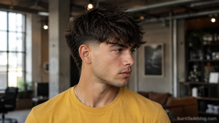 Messy Burst Fade Fringe haircut with textured fringe and clean burst fade in an urban loft studio.