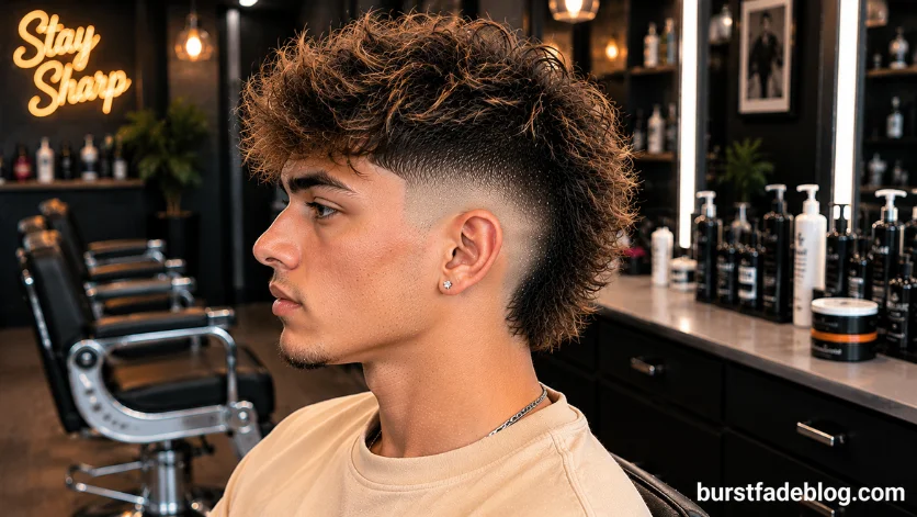 Messy Burst Fade Mohawk featuring casual textured styling, a clean burst fade around the ears,