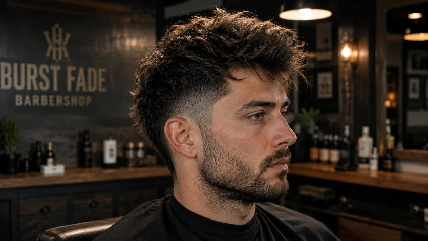 "Messy Burst Fade Pompadour haircut with textured styling and clean burst fade in a premium barbershop."
