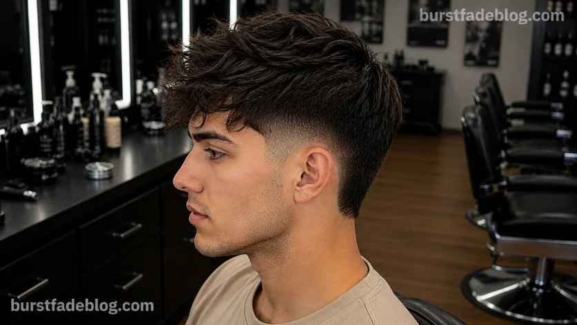Messy Burst Fade Taper haircut with a relaxed textured top,