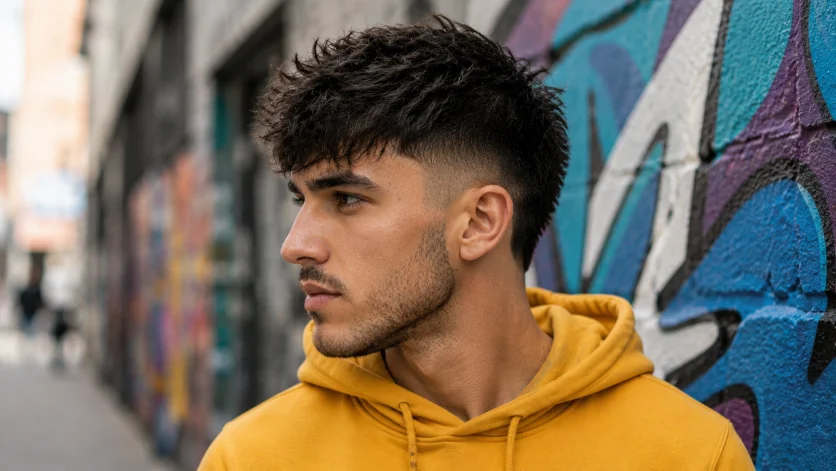 Messy Burst Fade Textured Crop hairstyle for men.