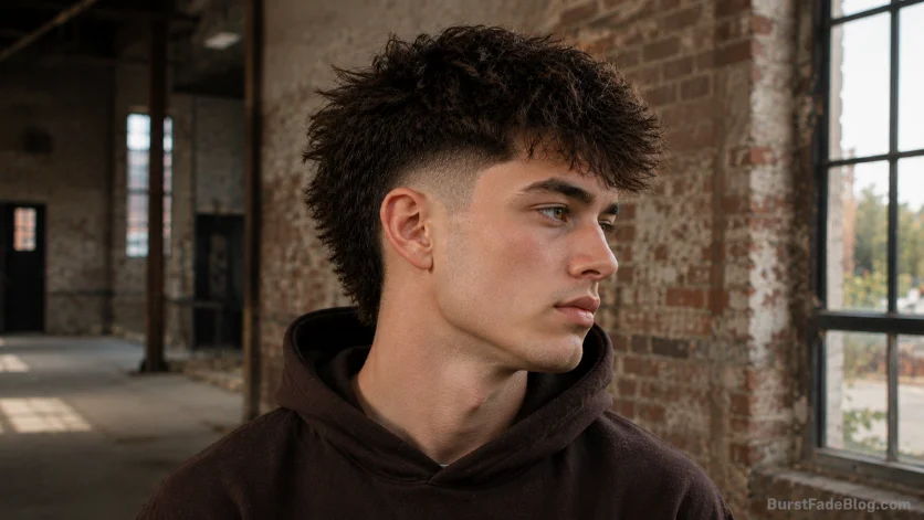 Messy burst fade haircut with tousled textured hair, clean fade around the ears, and a relaxed side profile in an industrial brick warehouse setting.
