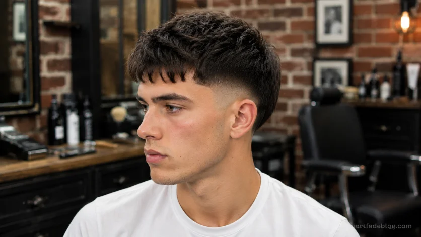 Messy Caesar Burst Fade haircut with textured fringe and clean burst fade in a modern barbershop.