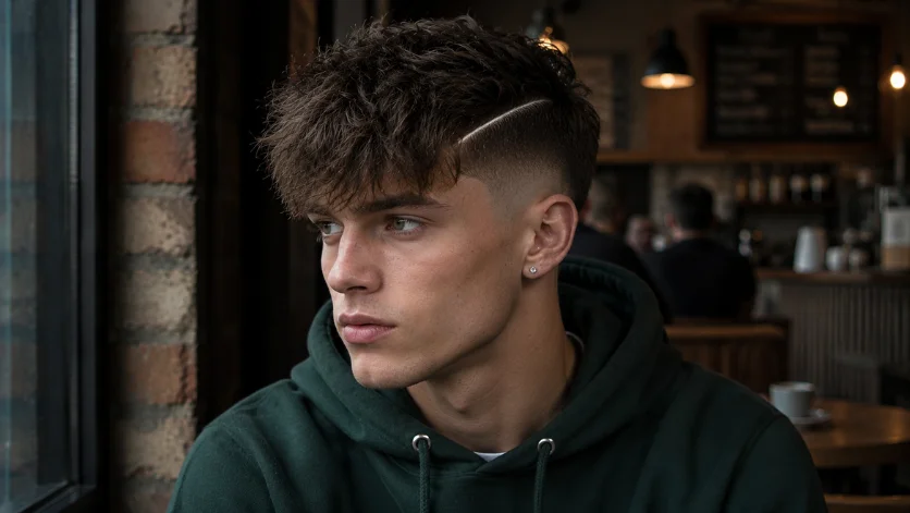 Messy Fringe Burst Fade Hard Part haircut with textured fringe, clean hard part line, burst fade around the ears, and moody coffee shop background.