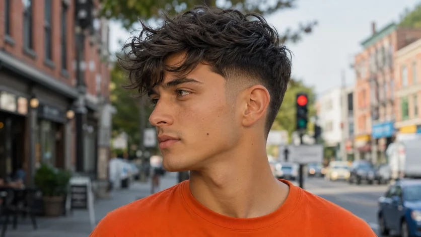 Messy side part burst fade haircut with textured top and clean fade on a man wearing an orange t-shirt outdoors.