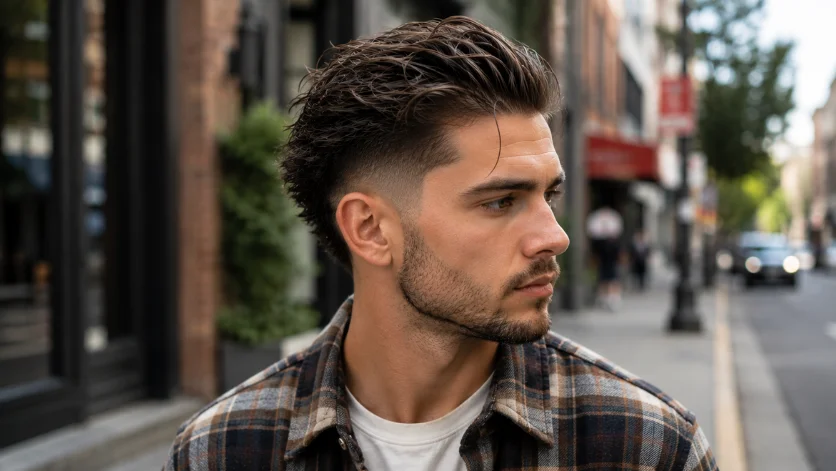 Messy slick back burst fade haircut with textured hair swept backward, natural volume on top, and clean burst fade sides in an urban street setting.