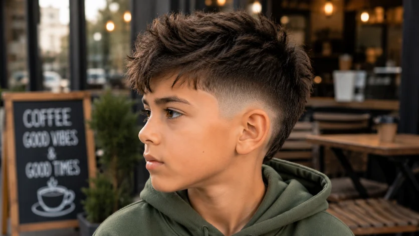 Messy top burst fade haircut for kids with textured hair and clean faded sides.