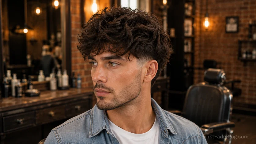 Messy wavy burst fade with relaxed textured waves.
