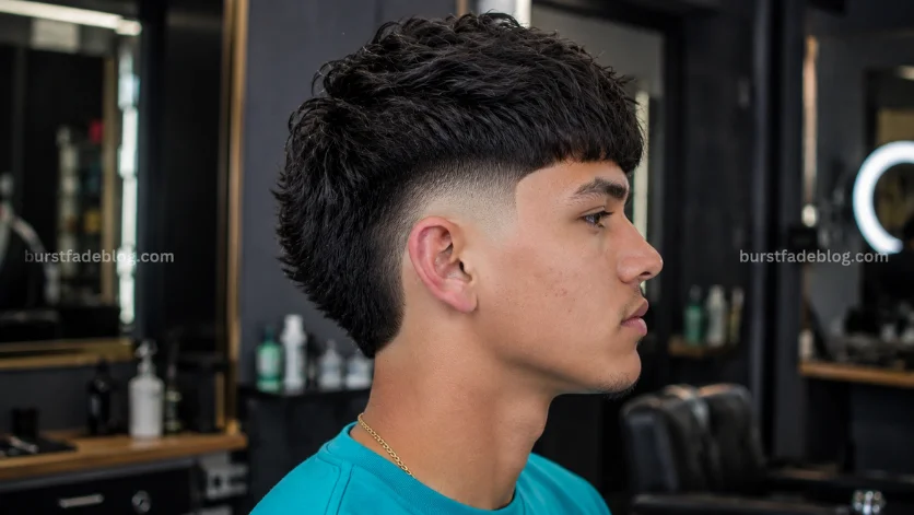 Mexican Burst Fade Edgar haircut with bold fringe and clean burst fade, side profile in a modern barbershop.