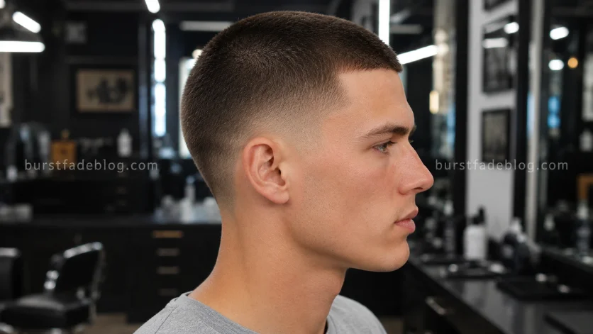  Mid Burst Fade Buzz Cut with balanced fade height, uniform buzzed top, and clean side profile in a premium barbershop setting.