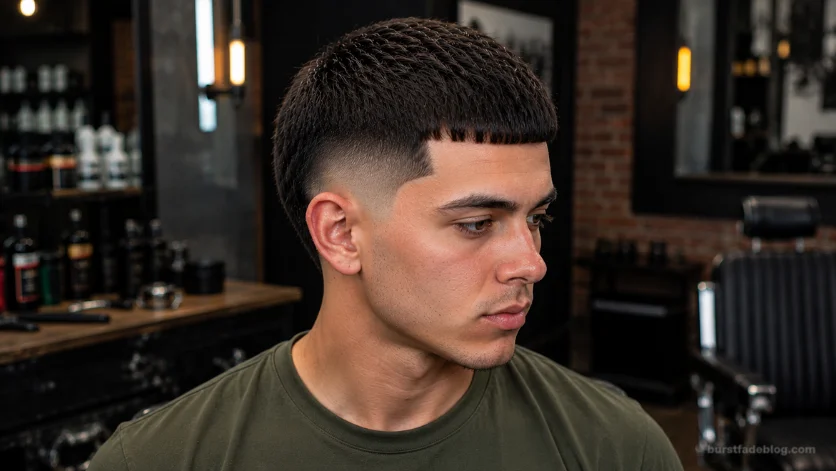 Mid Burst Fade Caesar haircut with textured fringe and clean fade.