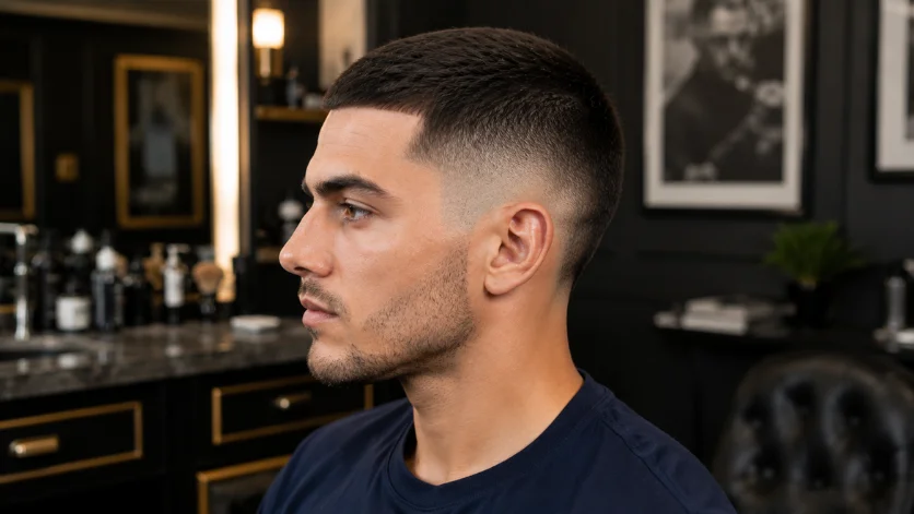 Mid burst fade crew cut haircut with a clean top and balanced fade around the ears, side profile view in a premium modern barber lounge.