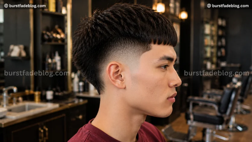 Mid Burst Fade Edgar haircut with sharp fringe and balanced fade, right-side profile
