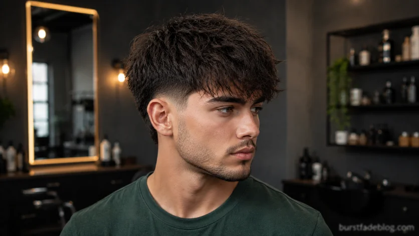 Mid Burst Fade Fringe haircut with textured fringe and balanced fade.