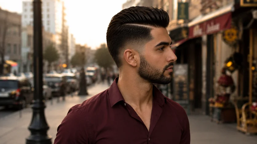 Mid Burst Fade Hard Part haircut with a precise hard part line, balanced fade transition, dark styled hair, and urban street background at golden hour.
