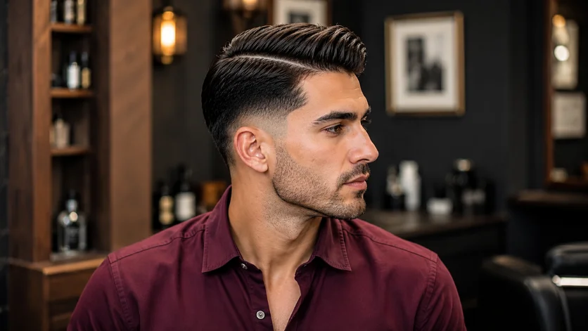 Mid burst fade side part haircut for men with sharp side part and balanced fade transition in a premium grooming studio.