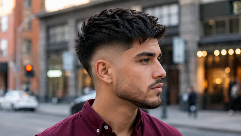 Mid Burst Fade Textured Crop hairstyle for men.