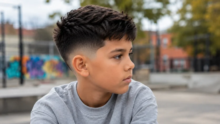Mid burst fade haircut for kids with textured top and clean fade around the ears.