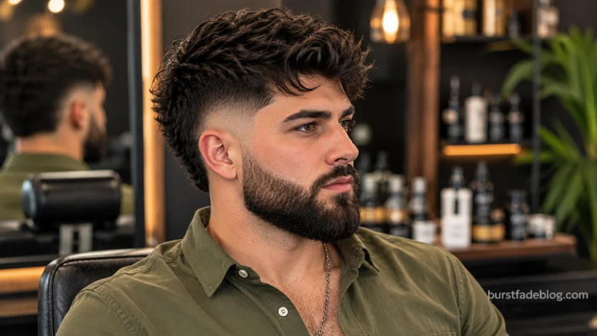 Mid Burst Fade with Beard on Middle Eastern man featuring a textured top, sharp beard lines, and smooth fade blend in a luxury barber shop.