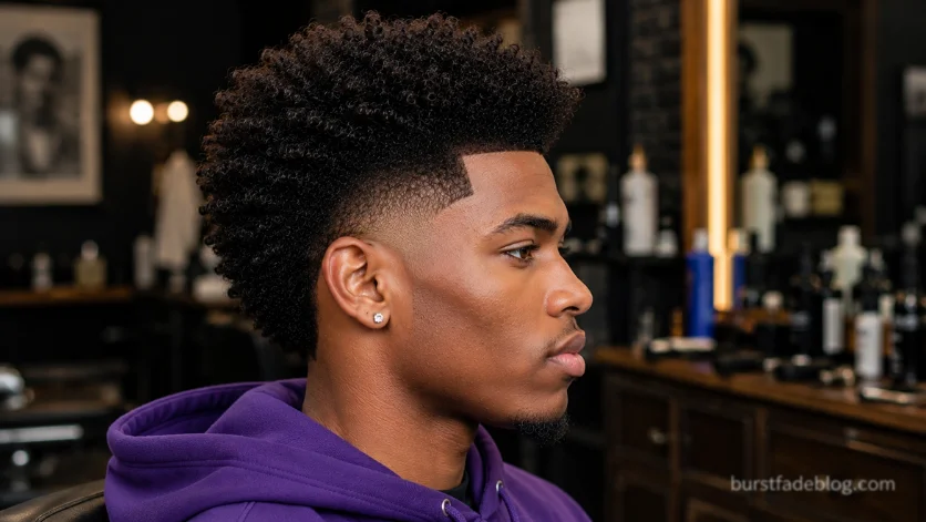 Mid Burst Fade with thick natural curls and a sharp blended fade for Black men.