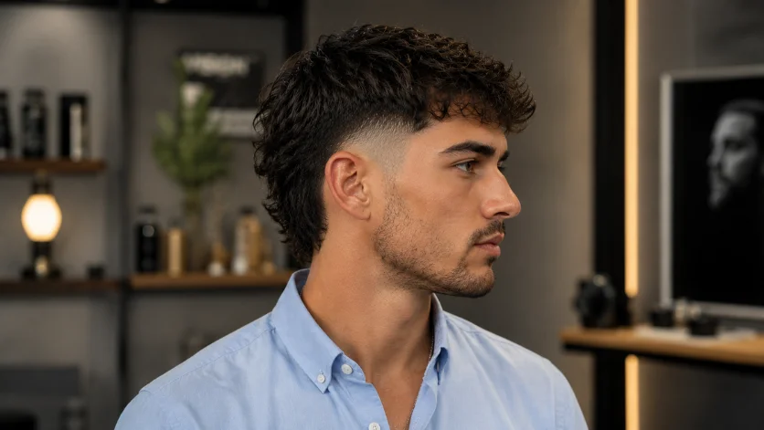 Mid burst fade haircut with balanced fade transition, textured top styling, and clean side profile in an upscale studio setting.