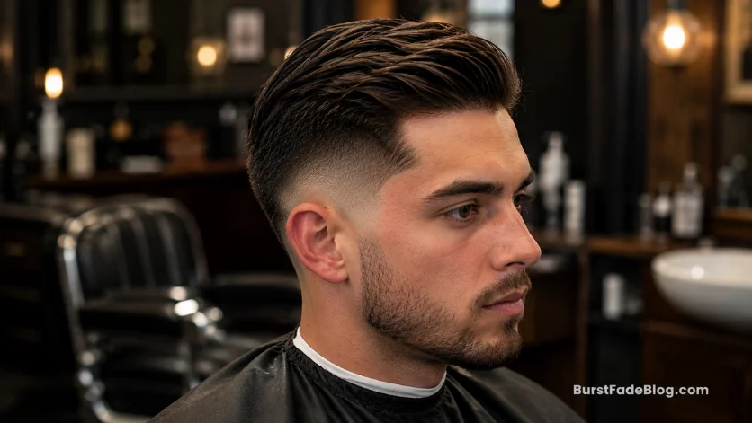 "Mid Burst Fade Comb Over haircut with textured top and balanced fade"
