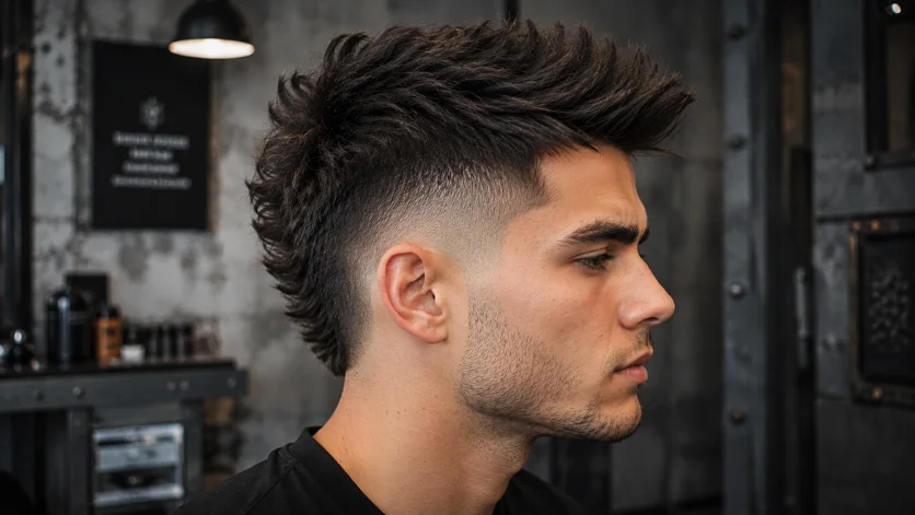 **Alt Text:**
Mid Burst Fade Faux Hawk haircut with defined textured top, medium fade transition, and sharp modern styling in an industrial barber studio.
