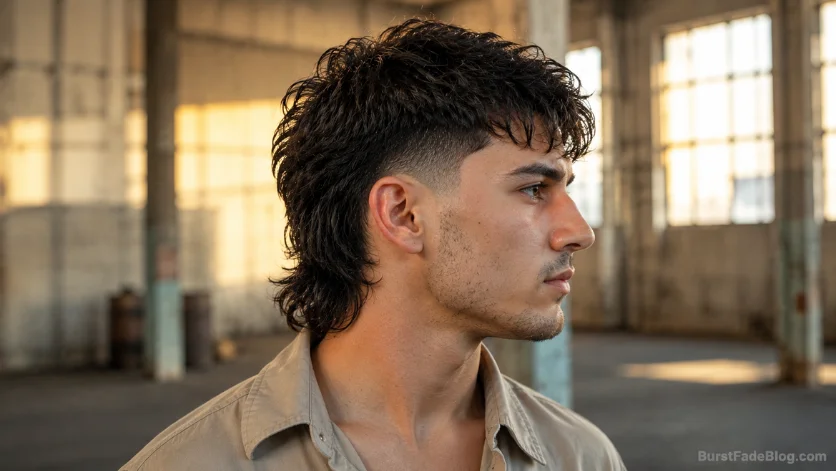 Mid burst fade mullet haircut with balanced fade transition, modern mullet length, and textured top in an industrial warehouse setting.