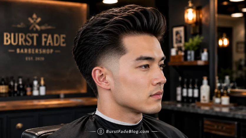 "Mid Burst Fade Pompadour haircut with textured volume and balanced fade in a luxury barbershop."
