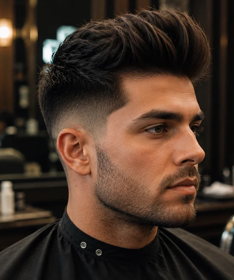 Mid fade quiff haircut for men with stylish volume, balanced fade transition, and sharp barber finish in a luxury barbershop.