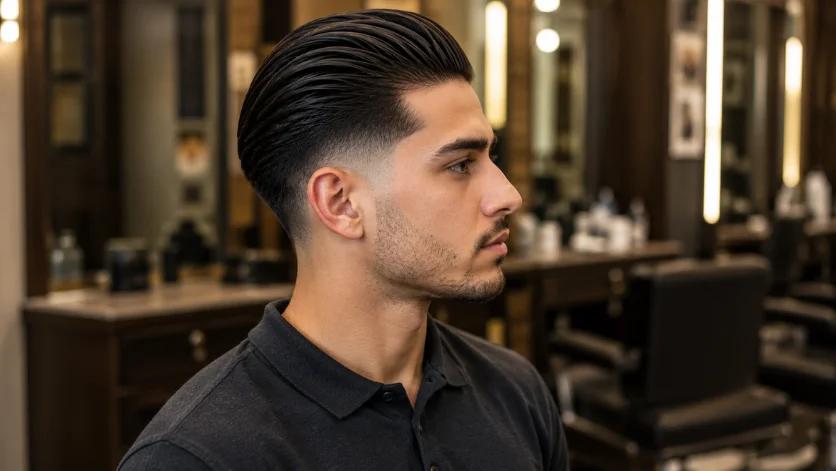  Mid burst fade slick back haircut with smooth slicked-back hair, defined fade around the ears, and a polished modern men's hairstyle.