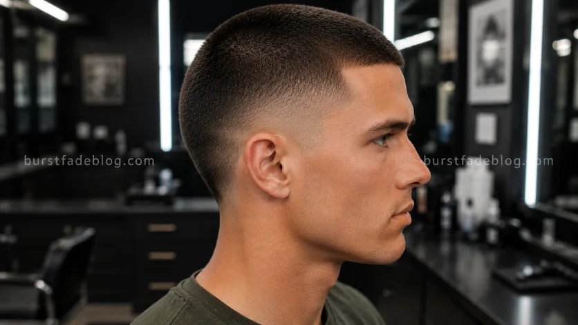 **Alt Text:**
Military Burst Fade Buzz Cut with a disciplined short buzz length, sharp burst fade, and clean side profile in a professional barbershop.
