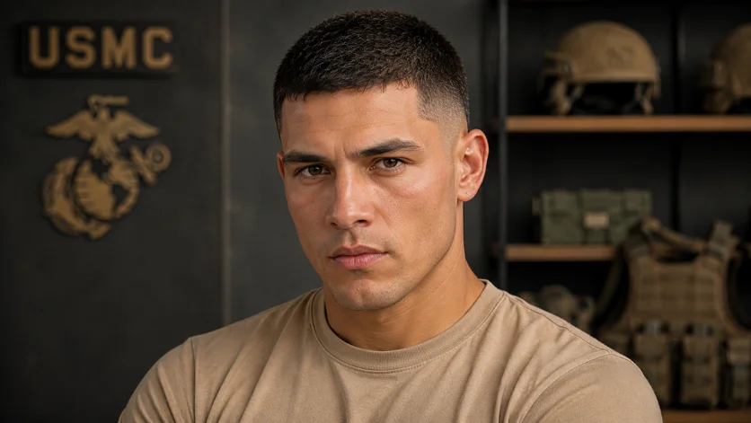 Military Burst Fade Crew Cut with an ultra-short top and precise burst fade.