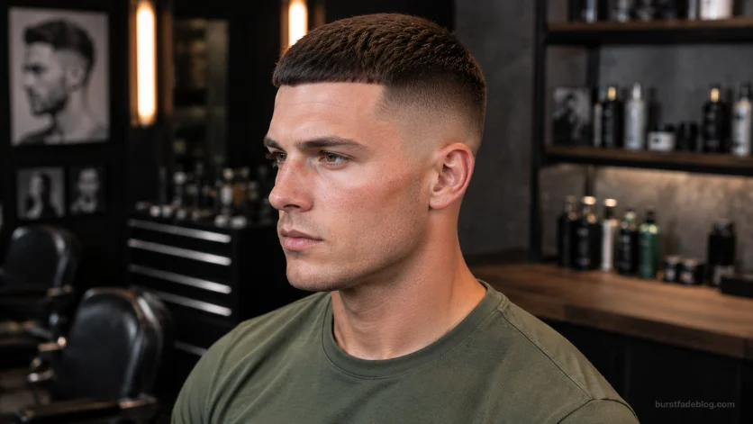Strong man with a Military Caesar Fade haircut featuring a disciplined short crop and clean burst fade, wearing a military green t-shirt in a modern barbershop.