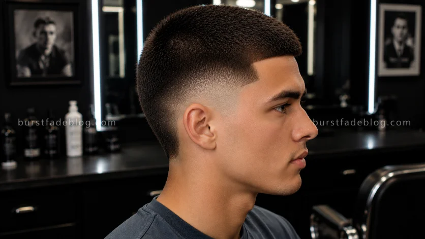 **Alt Text:**
Modern Burst Fade Buzz Cut featuring trendy fade detailing, a clean buzzed top, and sharp side profile in a luxury barber studio.

