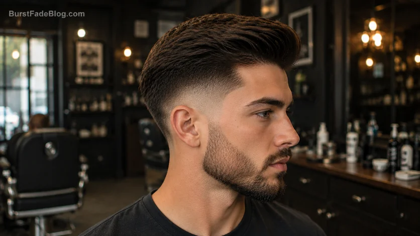 "Modern Burst Fade Comb Over haircut with clean fade and stylish textured top."