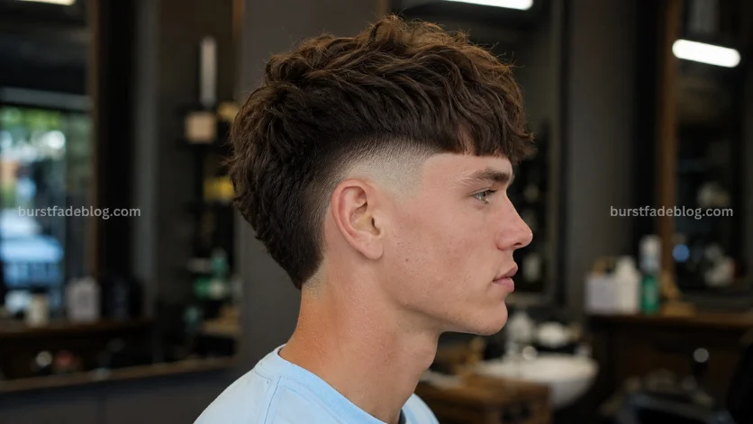 Modern Burst Fade Edgar haircut with textured top and clean burst fade, side profile in a luxury barbershop.
