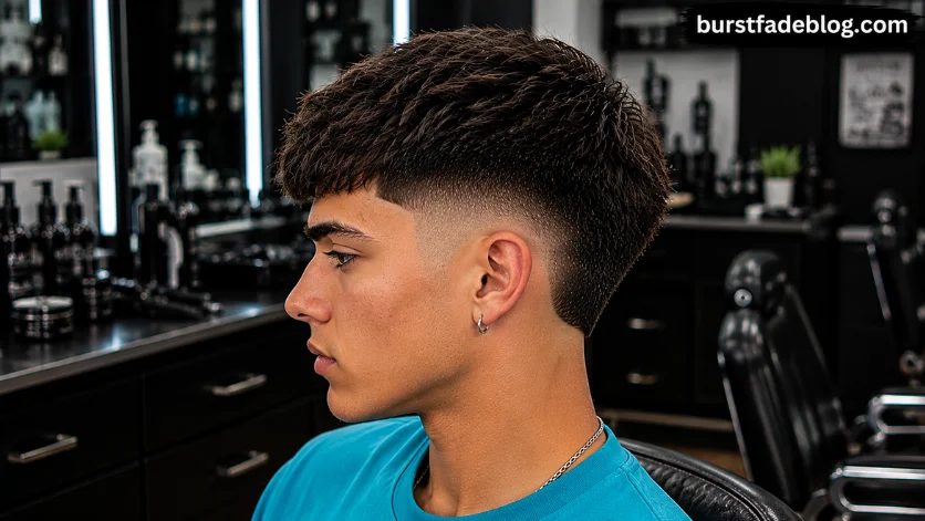 Modern Burst Fade Taper haircut with a textured crop, fashion-forward styling, and clean burst fade taper,