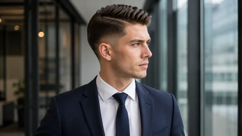Modern Business Burst Fade Hard Part haircut with professional styling, clean hard part line, subtle burst fade, and modern corporate office background.