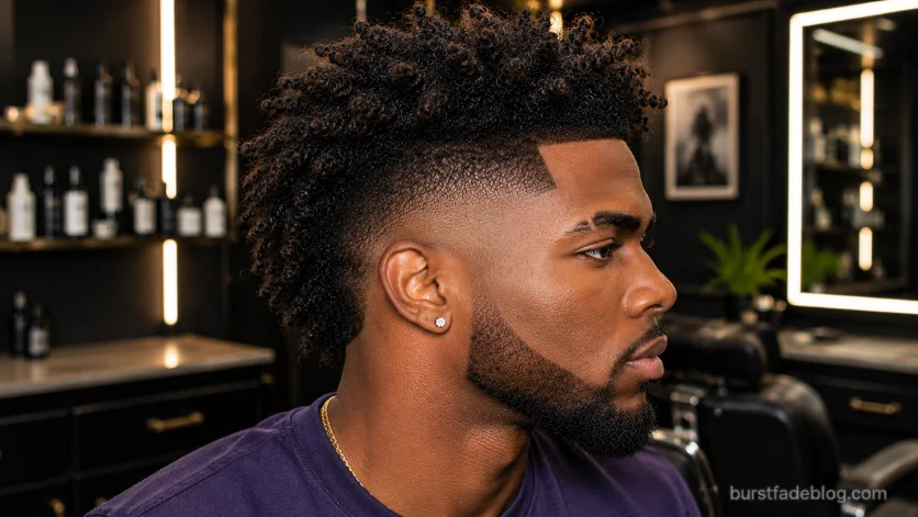 Modern curly burst fade on Black man with defined curls, sharp hairline, and a flawless fade blend in a luxury salon.