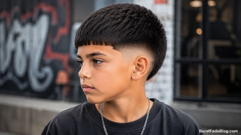 Modern Edgar burst fade haircut for kids with a blunt fringe and clean faded sides.