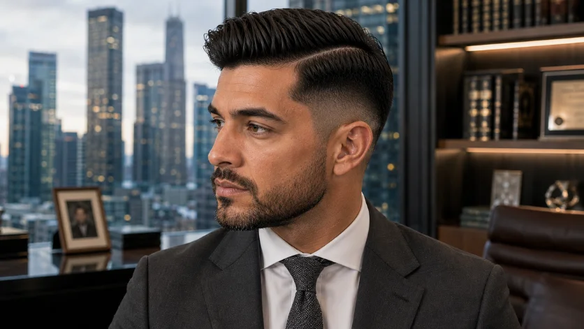 Modern executive burst fade side part haircut with premium grooming, charcoal suit, and luxury skyscraper office background.