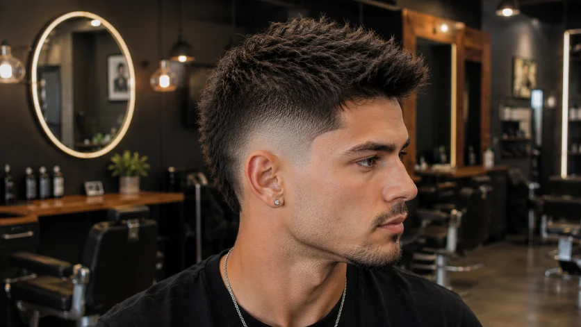 **Alt Text:**
Modern Faux Hawk Fade haircut with contemporary textured styling, clean burst fade around the ears, and a fashionable look in an upscale men's salon.
