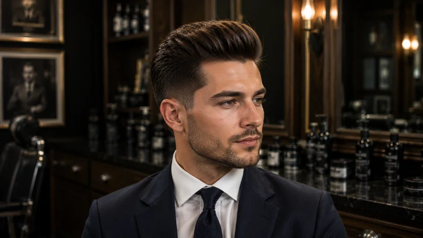 Modern gentleman quiff haircut with refined volume, tailored styling, and a sophisticated luxury barbershop appearance.