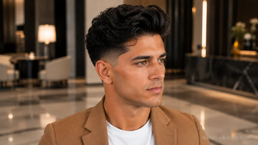 Modern pompadour wavy burst fade with textured volume.
