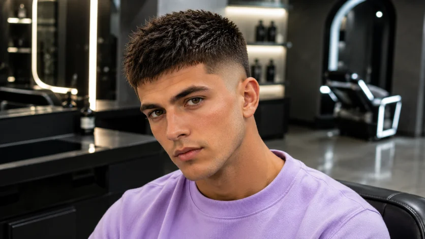 Modern textured crew cut fade with a textured top and clean burst fade.