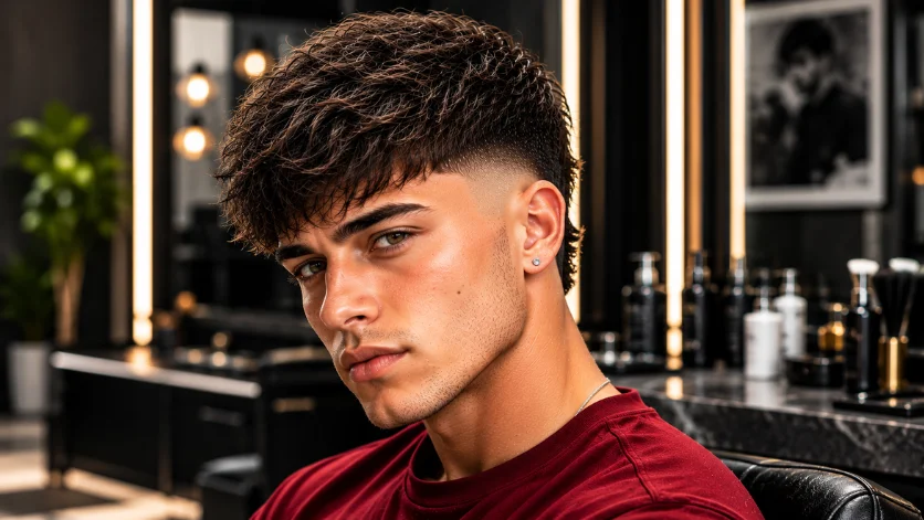 Modern Textured Fringe with Burst Fade haircut featuring layered texture and a clean burst fade.