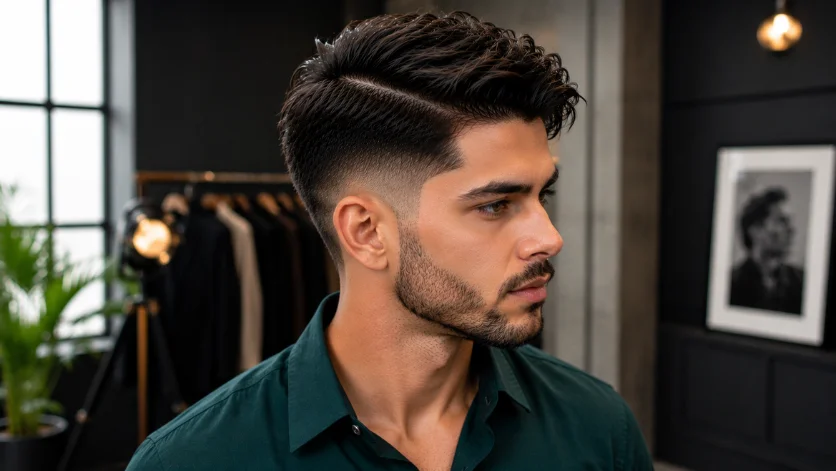 Modern textured side part fade haircut on fashionable man in emerald green shirt, textured men's hairstyle with burst fade in a contemporary fashion studio.
